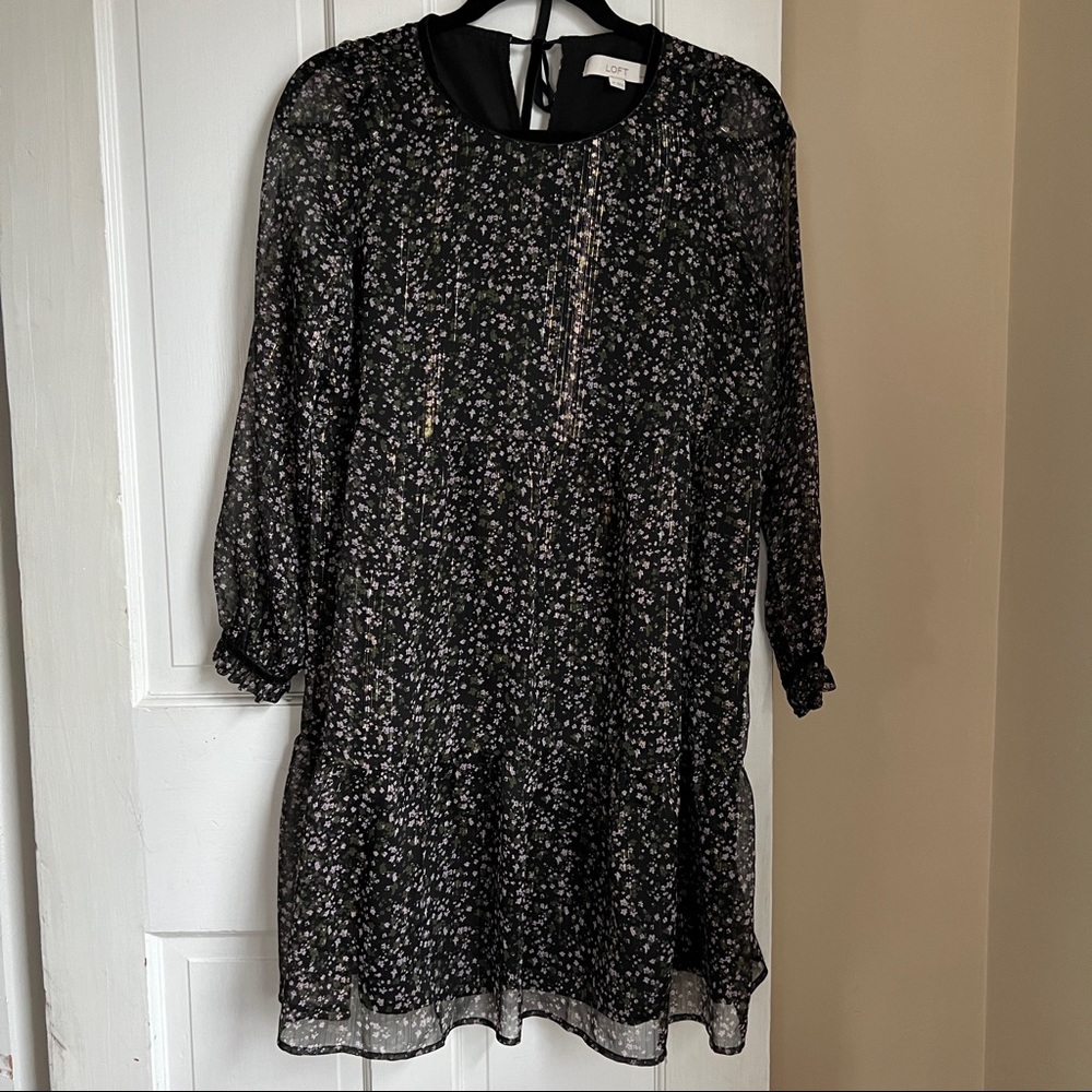 Loft dress, navy floral with gold metallic thread, size S petite